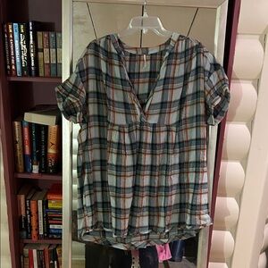 Free People Multicolor Plaid V-Neck Blouse
